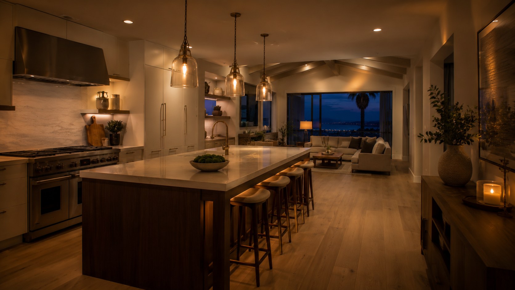 Freshly renovated kitchen and living space at dusk