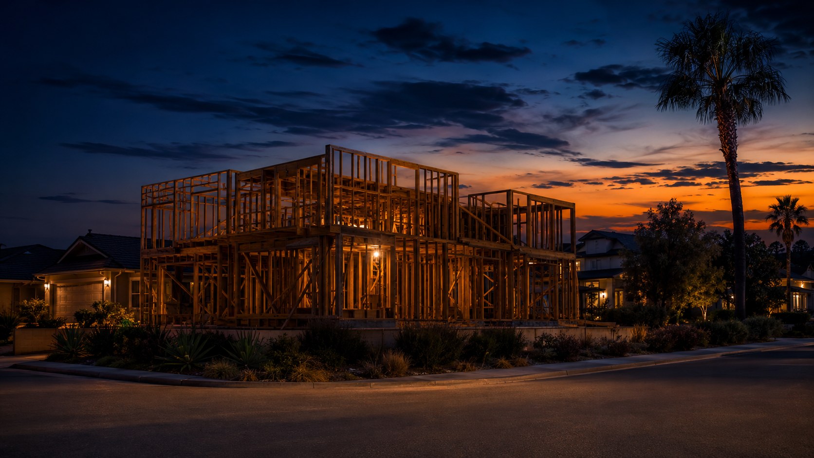 Wood-framed custom home under construction at dusk
