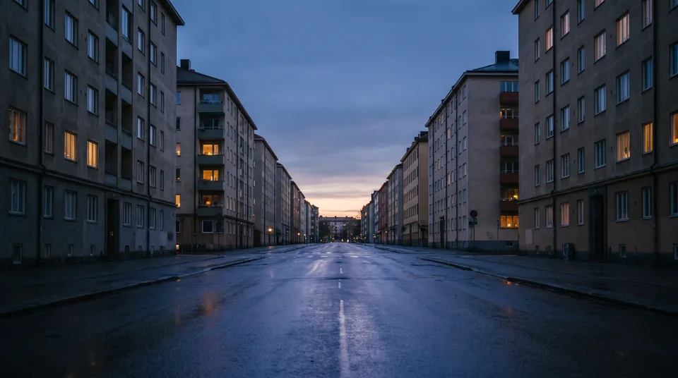 A quiet street of mid-rise buildings at blue hour, warm light in scattered windows