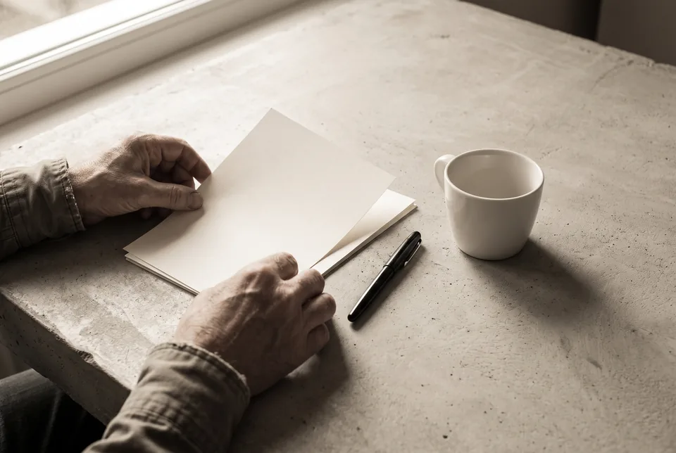 Hands squaring a stack of blank pages beside a pen and a cup on a concrete desk