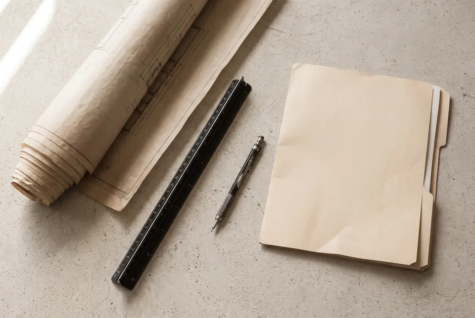 Rolled architectural drawings, a scale rule and a pencil on a pale concrete desk