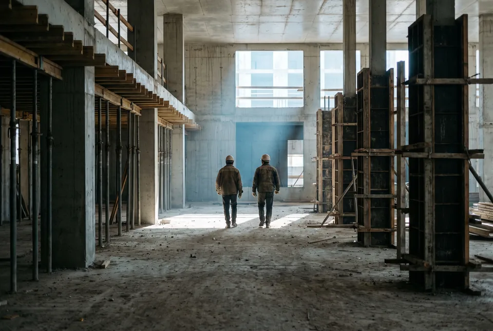 Two figures in hard hats walking through the ground floor of a concrete frame