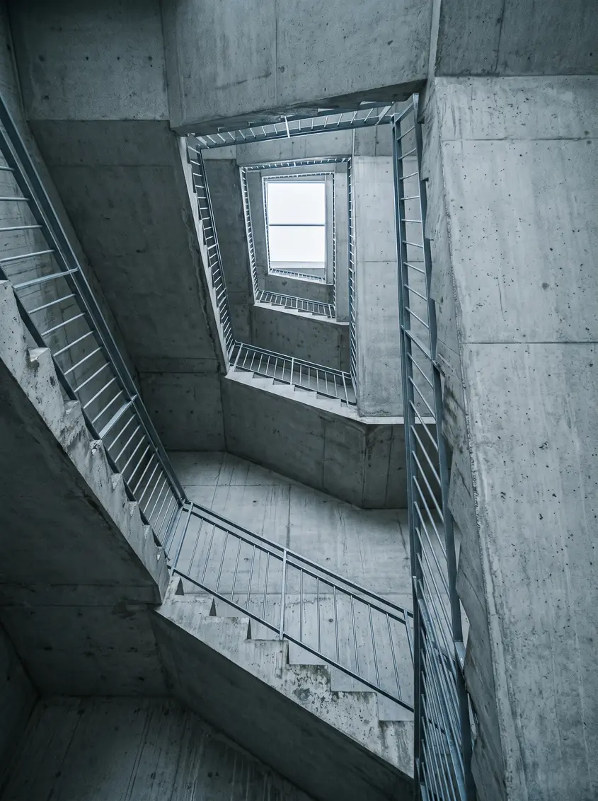 Looking up an open stairwell to a bright square of sky