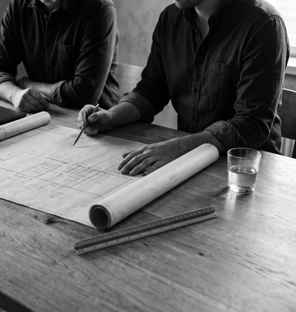 Two people at a table with an unrolled drawing, a pencil and a scale rule