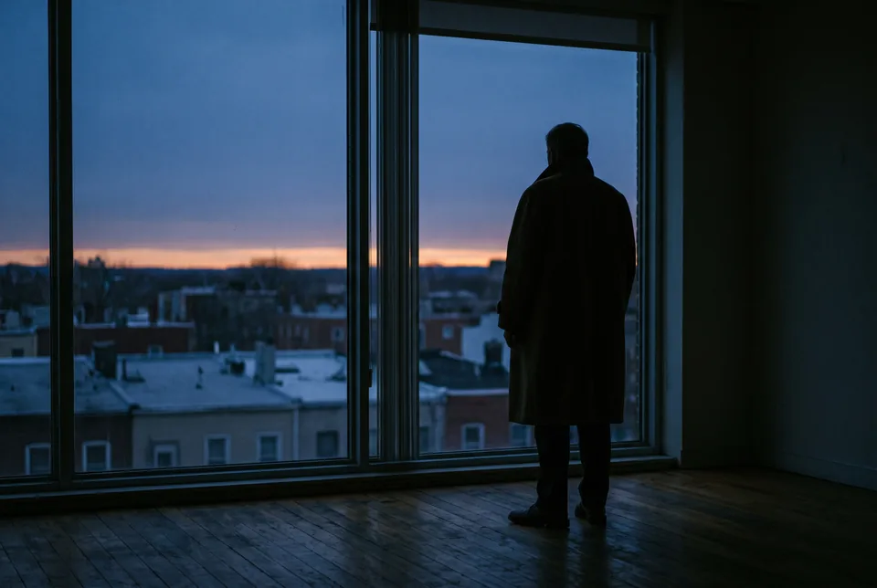 A figure at a floor-to-ceiling window above city rooftops at dusk