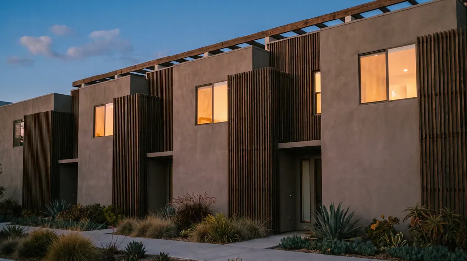 A row of modern townhomes at dusk, warm grey stucco and vertical timber slats, an upper window lit in each, low planting along a concrete path.