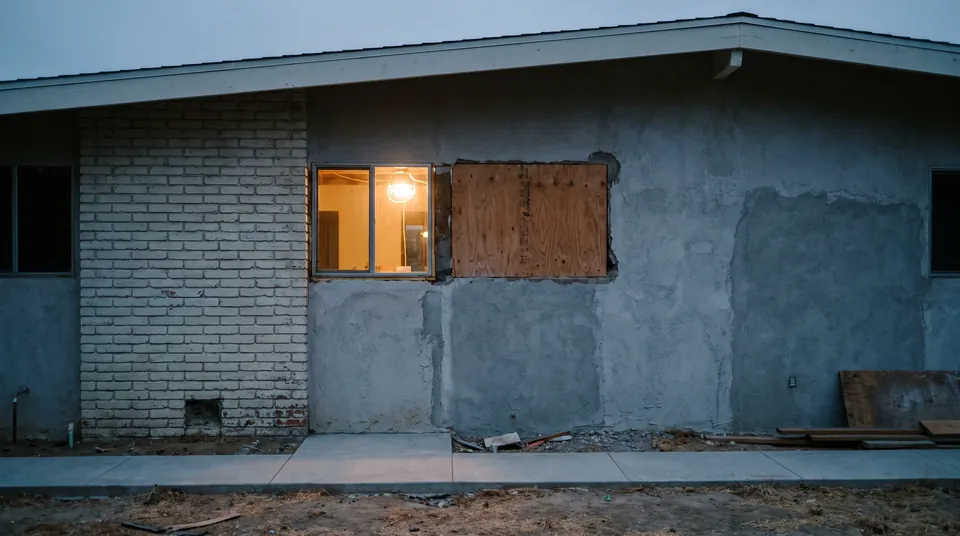A single-storey ranch house part-way through renovation at dusk, fresh stucco across one elevation and painted brick at the other end, one window lit from inside.