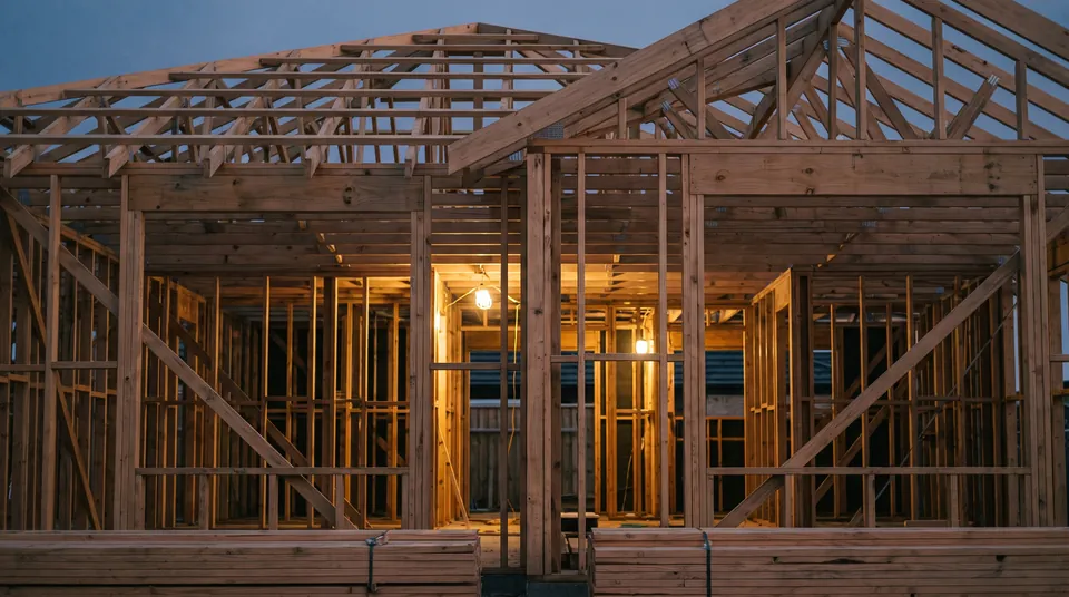 A timber-framed house at dusk, open studs and roof rafters standing against a clear indigo sky, a work light glowing inside the frame.