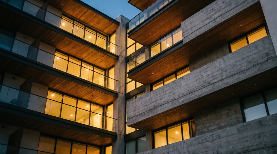 A modern multifamily building at dusk, warm interior lights behind tall glazing, palm trees against an indigo sky.